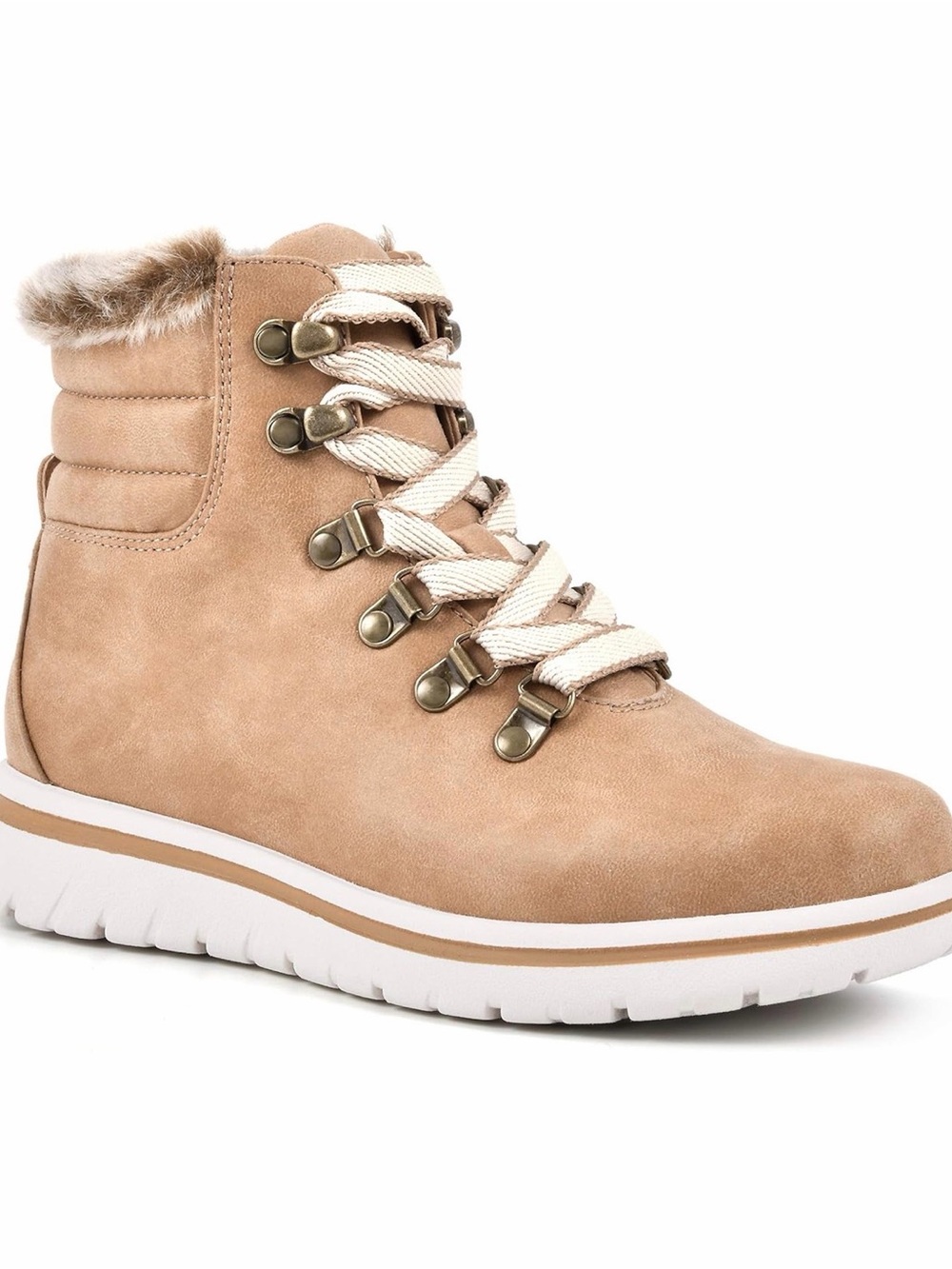 Cliffs by WHITE MOUNTAIN Tan Lace-Up Faux Fur Collar Hiking Boot